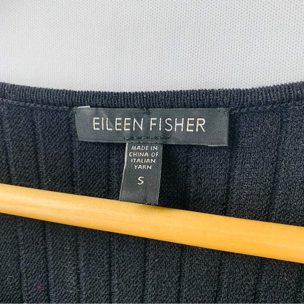 Eileen Fisher Wool Scoop Neck Pleated Ribbed Fit Flare 7/8 Sleeve Dress Black - Picture 5 of 11